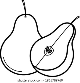 Pear. Icon. Black contour. A whole fruit and half. Vector graphics. 