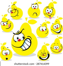 pear icon cartoon with funny faces isolated on white