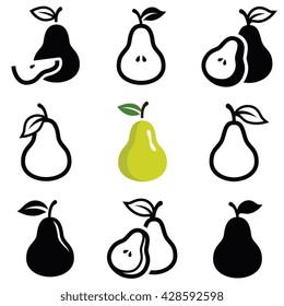 Pear icon collection - vector outline and silhouette