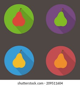 Ícone de pera. Ilustração vetorial moderna de estilo de design plano. Isolado no plano de fundo colorido com estilo. Ícone de sombra longa plana. Elementos em design plano.