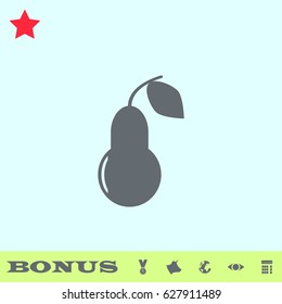 Pear icon flat. Grey pictogram on blue background. Vector illustration symbol and bonus buttons medal, cow, earth, eye, calculator