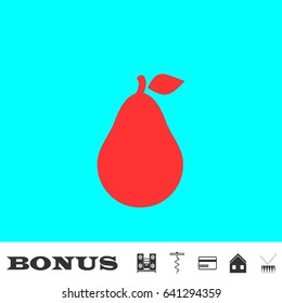Pear icon flat. Red pictogram on blue background. Vector illustration symbol and bonus buttons Music center, corkscrew, credit card, house, drum