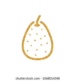 Pear icon in gold glitter texture. Sparkle luxury style vector illustration.