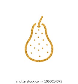 Pear icon in gold glitter texture. Sparkle luxury style vector illustration.