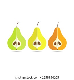 Pear icon. Green, yellow and orange delicious pear silhouette. Sliced fruit shape isolated on white. Fruit icon set. Vector Illustration