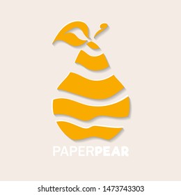 Pear icon in paper cut style. Yellow pear fruit cutted into pieces. Abstract modern web icon or logo with a text on light background.