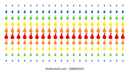Pear icon rainbow colored halftone pattern. Vector items organized into halftone array with vertical rainbow colors gradient. Constructed for backgrounds, covers, templates and abstract concepts.