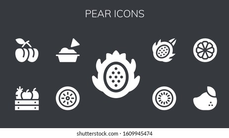 pear icon set. 9 filled pear icons. Included Dragon fruit, Kiwi, Guacamole, Fruit, Plum, Mango, Mangosteen icons