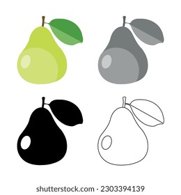 Pear icon set on white background. Colored cartoon black  monochrome outline vector illustration.