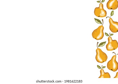 Pear icon set solated on white background. Frame with natural delicious fresh ripe tasty fruit. Template vector illustration for packaging, banner, card and other design. Food concept. Copy space.
