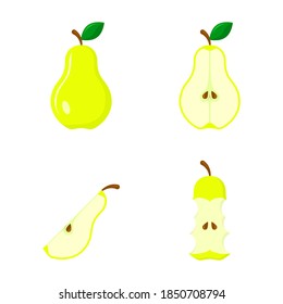 Juego de iconos de la oreja, entero, mitad de fruta con hoja, machacar sobre un fondo blanco. Ilustración del vector de frutas.