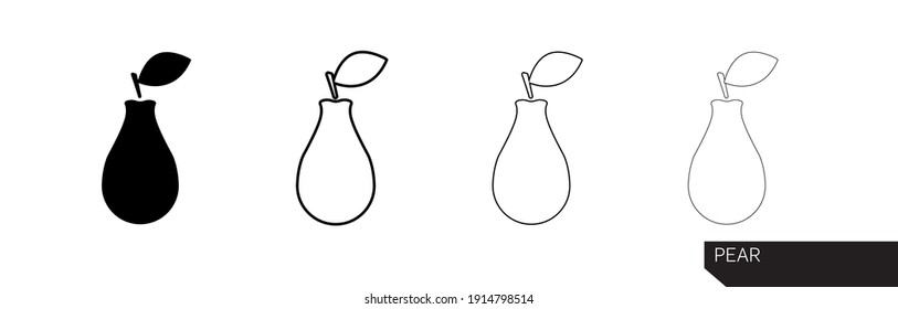 Pear icon. Pear silhouette vector icon illustration in black color isolated on white background. Pear icon in different thicknesses. Modern line art design.