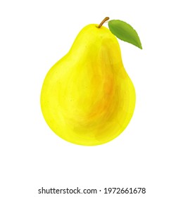 Pear icon in watercolour style. Fresh yellow summer fruit with green leaf. Hand drawn artwork. Vector illustration.