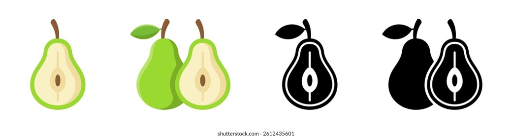 Pear icons. Pear Fruit Vector Illustrations with Slices and Silhouettes