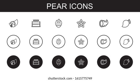pear icons set. Collection of pear with cornucopia, fruit, strawberry, carambola, mango. Editable and scalable pear icons.
