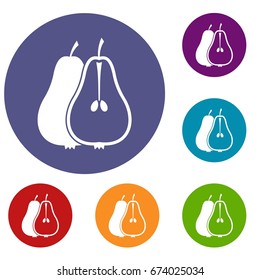 Pear icons set in flat circle reb, blue and green color for web
