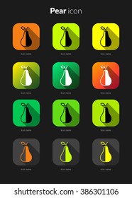 Pear icons set for icon application mobile or button main screen phone. Colorful vector flat style design template with drop shadow on dark grey background.