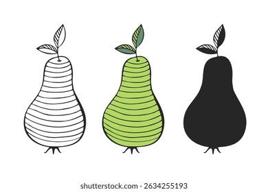 Pear icons set, outline and silhouette, stylized hand drawn fruits, logo element design. Isolated on white background.