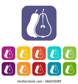 Pear icons set vector illustration in flat style in colors red, blue, green, and other