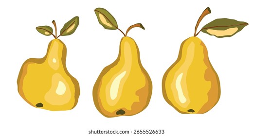 Birne einzeln auf weißem Hintergrund. Natürliche leckere frische reife leckere Früchte. Süße Birnen mit Blättern. Lebensmittelkonzept. Vektorgrafik für Design.