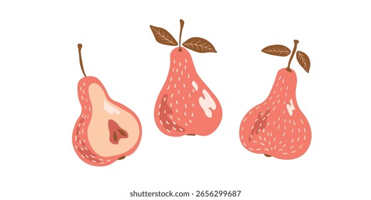 Pera isolada sobre fundo branco. Natural deliciosa fruta fresca e saborosa. Peras doces com folhas. Conceito alimentar. Ilustração vetorial para design.