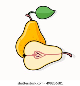 Pear isolated on white background. Sliced pear.  Yellow pear.  Fruit icon.