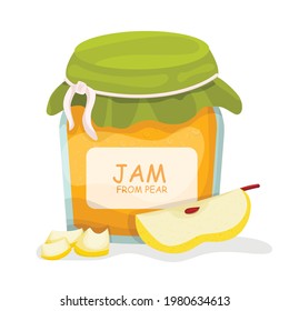 Pear jam. Bank. Healthy jam. Icon isolated on white background.