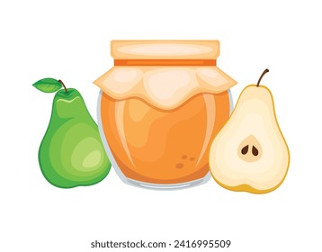 Pear jam in glass jar and fresh pears vector illustration. Glass of pear marmalade design element. Pear jam jar icon set isolated on a white background. Whole and halved pear vector