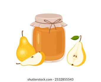 Mermelada de pera en tarro de cristal y frutas frescas. Vector de dibujos animados ilustración plana de dulces orgánicos. Icono de comida saludable.