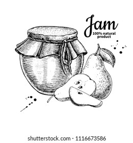 Pear jam glass jar vector drawing.  Fruit Jelly and marmalade.  Hand drawn food illustration. Sketch style vintage objects for label, icon, packaging design.