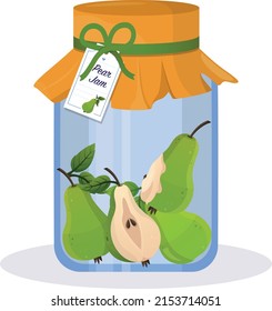 Pear jam in jar. Pear confiture. Vector food illustration in cartoon flat style. Breakfast