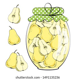 Pear jam jar and yellow pears. Homemade food. Vector illustration, isolated on white.