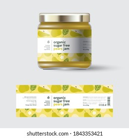 Pear jam label and packaging. Jar with cap with label. White strip with text and on seamless pattern with fruits, flowers and leaves.