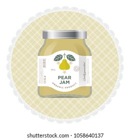 Pear jam label and packaging. Premium design. The flat original illustration and texts on the minimalist label on the jar.
