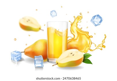 Pear juice advertising with drink glass and yellow juice splash and ice. Pear cold beverage advertising realistic vector illustration