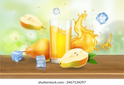 Pear juice advertising. Juice glass on table with pear beverage splash and ice realistic vector 3d illustration