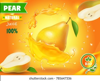 Pear juice advertising with juice splash realistic vector illustration