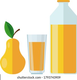 Pear juice in a bottle and glass. Vector illustration with a pear and a drink on a white background.