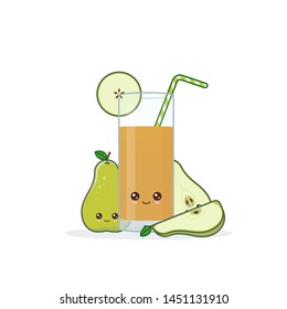 pear juice. Cute kawai smiling cartoon juice with slices in a glass with juice straw.