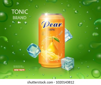 Pear juice drink aluminium can with ice cubes realistic advertising design