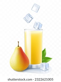 Pear juice. Fruit smoothie or yogurt. Summer refreshing drink with ice cubes and pear. A glass of Pear cocktail. Realistic 3D vector illustration