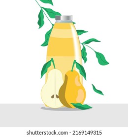 pear juice in a glass bottle. pear near bottle with yellow juice. a branch with green leaves hangs over a bottle of juice.