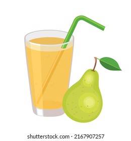 Pear juice in a glass with tube for drinking. Healthy organic  fresh drink icon. Garden fruit. Vector illustration in flat style isolated on white. Taking natural vitamins. 