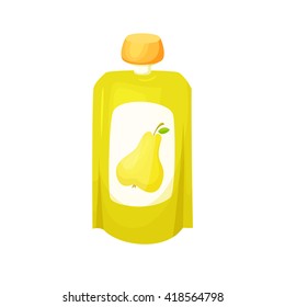Pear juice package. Fruit purees. Healthy snack in pack