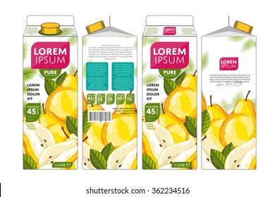 Pear juice package. Vector branding design for fresh natural organic fruit drink. Pear juice pack layout set isolated on white background. Carton pack box. Front, side, back view illustration

