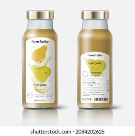 Pear juice packaging. Beautiful transparency whole and cut fruits. Bottle template with face and back labels. 