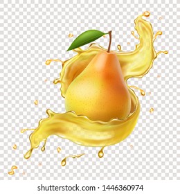 Pear in juice spiral splash realistic vector illustration