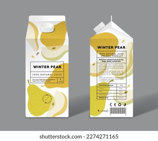 Pear juice. Template packaging design. Whole and cut transparent fruits.