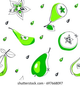 Pear juicy fruit. Vector illustration of seamless pattern with seeds, cores and slices of the pear.