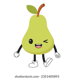 Pear kawaii cartoon character winks. Vector illustration 